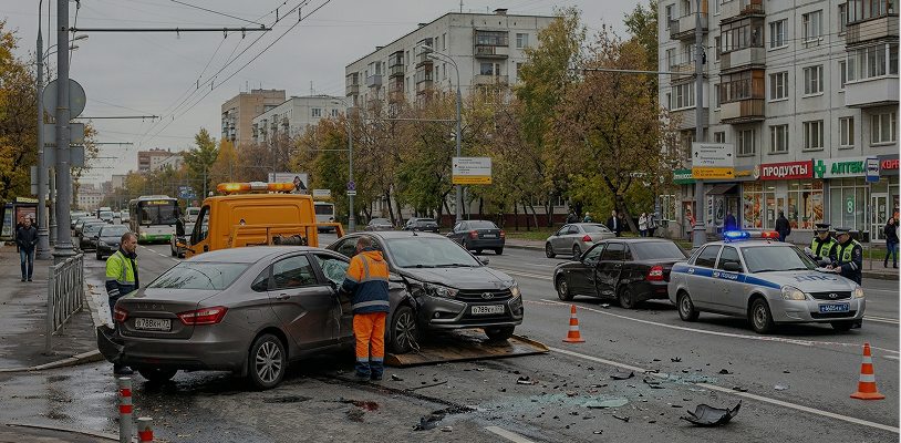 Эвакуация автомобиля после ДТП на городской улице